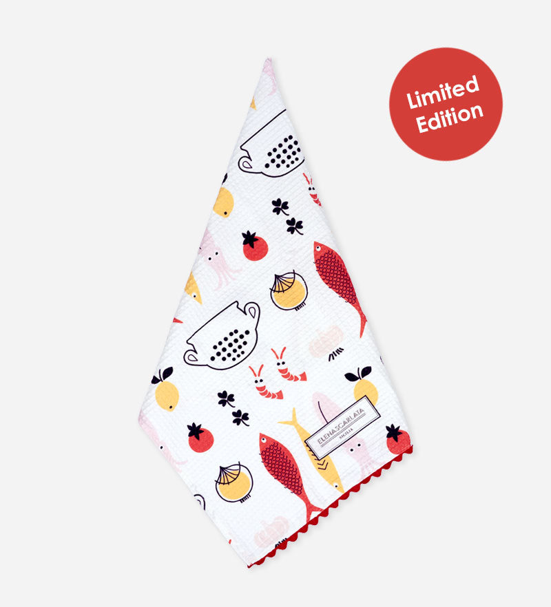 Cous Cous Fish Kitchen Towel in Red Cotton Honeycomb